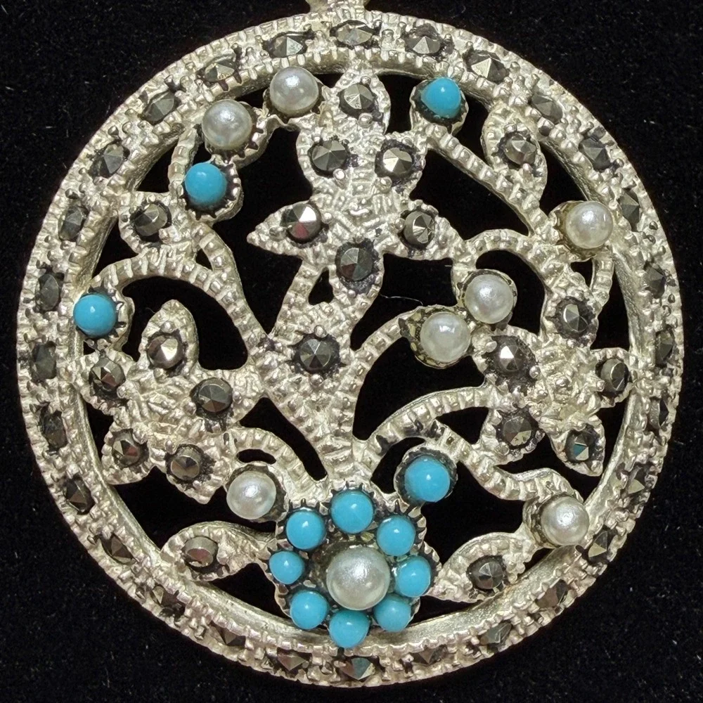 Sterling Silver Marcasite Turquoise Pearl‎ Floral Medallion Pendant Necklace
